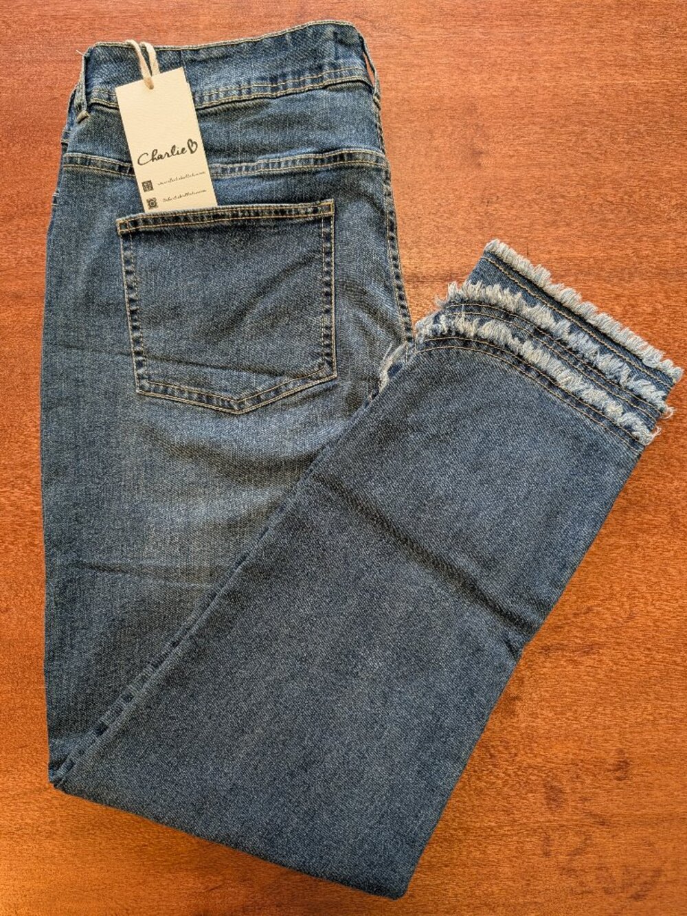 CHARLIE B Frayed Hem Jeans Medium Blue Size 14 NWT